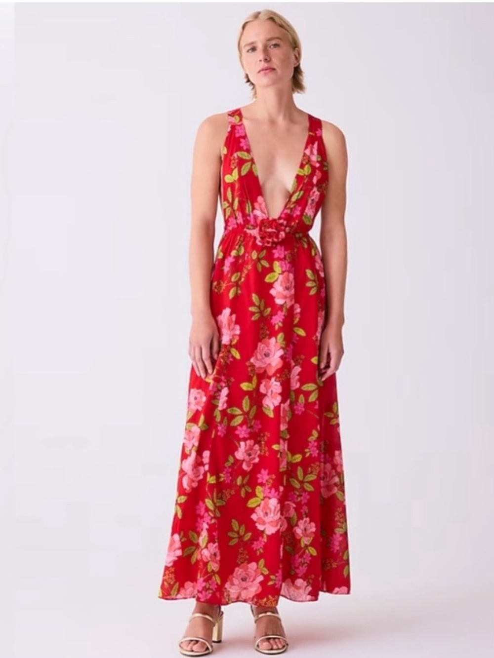 $98 J Crew floral red pink green halter maxi plunge cotton dress XS summer